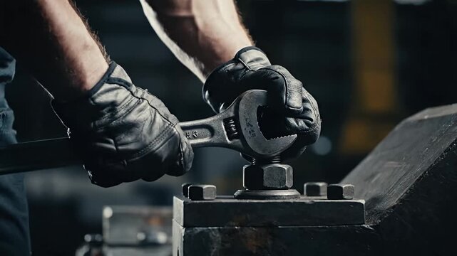 Worker tightening a large bolt using an adjustable wrench close-up view