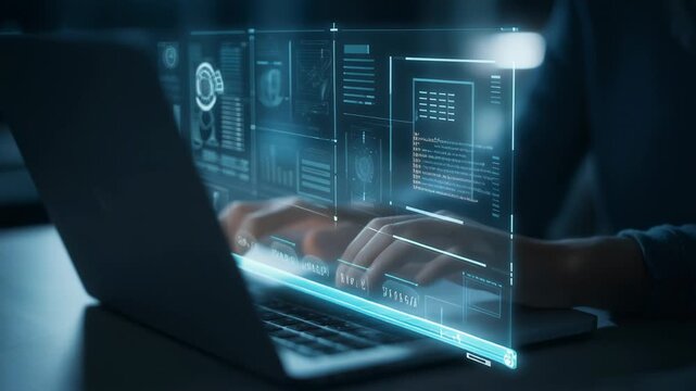 Futuristic digital workspace with hands typing on a laptop amidst holographic data displays