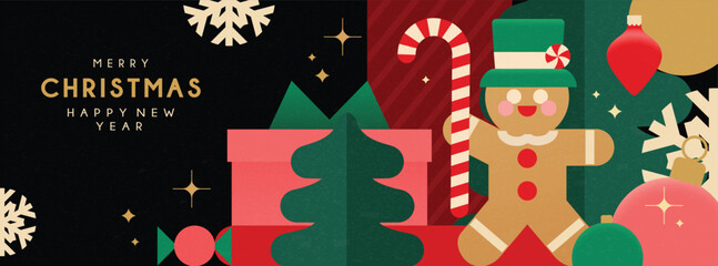 Christmas banner in contemporary flat minimalist style with merry gingerbread man. Design for Holiday banner, advent calendar or greeting card. Vector illustration 