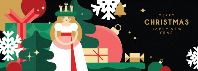 Christmas banner in contemporary flat minimalist style with Scandinavian traditional motifs. Design for Holiday banner, advent calendar or greeting card. Vector illustration 