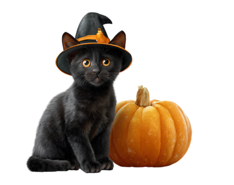 Black cat kitten sitting wizard hat pumpkin halloween feline animal pet adorable spooky cute domestic creature autumn design october