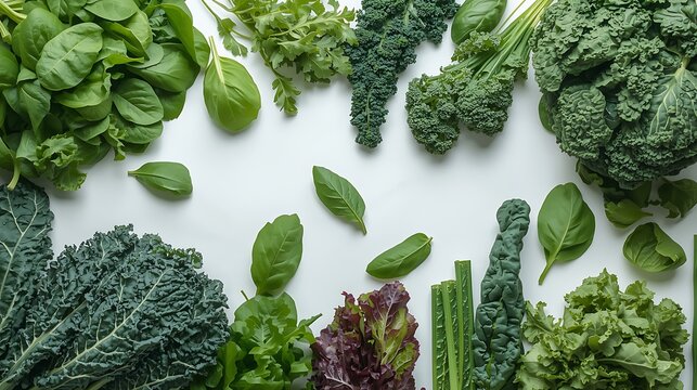 Fresh green vegetables and leafy greens, including kale, spinach, and broccoli, artfully arranged on a white background, symbolizing healthy eating and natural nutrition - Powered by Adobe