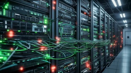 High-Tech Server Room with Green Lighting and Networking Cables for Data Centers - Powered by Adobe