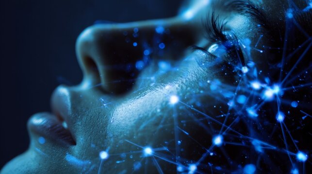 Navigating the digital frontier: a glimpse into network evolution. Big data. Dynamic web of future connectivity with glowing nodes and lines. Business metrics. Investment analysis.