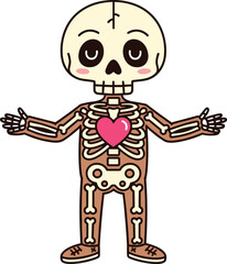 Cute cartoon skeleton illustration, friendly human anatomy drawing, educational vector art with heart, smiling skeleton character, cad drawing flat vector illustration