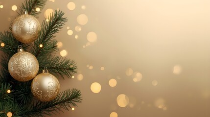 Golden Christmas Balls Hanging on Green Pine Branch with Soft Bokeh Lights