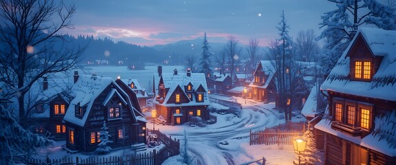 Snowy Village Street with Wooden Cabins and Glowing Windows at Twilight