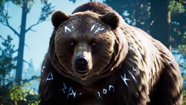 A regal brown bear with glowing runes in forest setting. The bear has golden eyes and a stoic expression