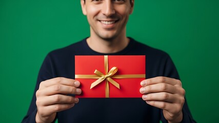 Smiling Young Man Holding a Gift Card with a Golden Ribbon and Red Package, Celebrating Special Occasion, Gift Giving, Promotions, Reward, and Holiday Spirit, Green Background