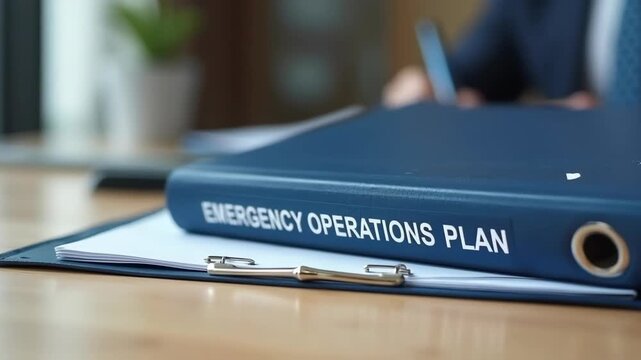 A close-up of a binder labeled "Emergency Operations Plan" on a desk.
