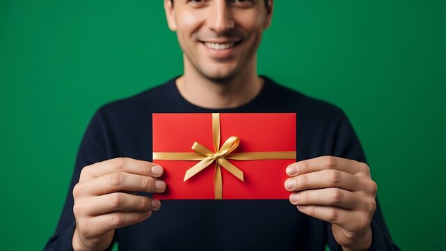 Smiling Young Man Holding a Gift Card with a Golden Ribbon and Red Package, Celebrating Special Occasion, Gift Giving, Promotions, Reward, and Holiday Spirit, Green Background