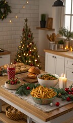 Festive Kitchen Table Laden With Holiday Food And Christmas Tree Decoration Ready For New Year Celebration