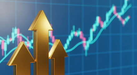 Golden Arrows Pointing Upwards Against Stock Market Chart.