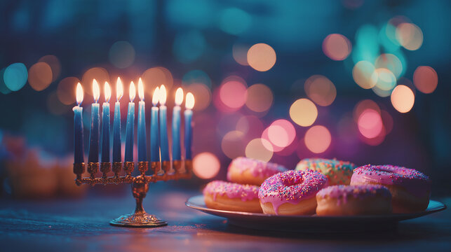 Hanukkah celebration with glowing menorah and festive sufganiyot donuts, cozy evening atmosphere with warm candlelight and golden bokeh lights