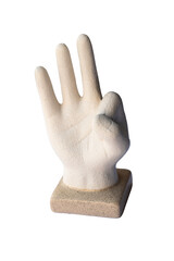 Sculpture of a hand making OK gesture, ceramic or plaster art piece on square base, symbol of approval and positivity