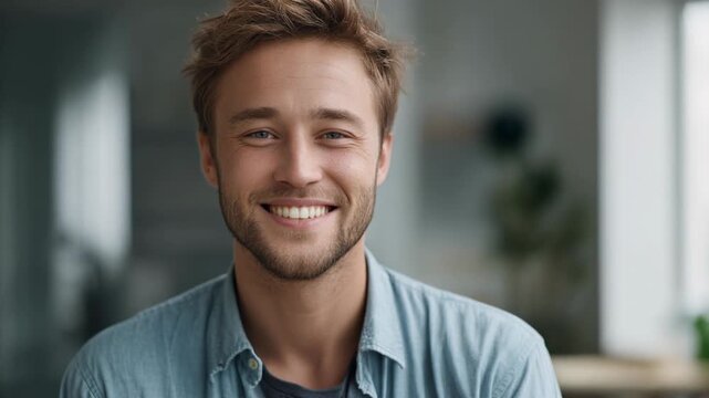 Happy young man smiling in a modern indoor setting with natural light