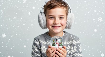 Happy boy in a winter sweater and earmuffs holding a Christmas snow globe. Smiling child celebrating the festive holiday season. Cheerful winter portrait with falling snow