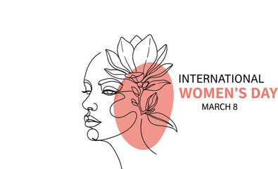 Elegant line art illustration of a woman with floral elements, perfect for International Women's Day on March 8th, celebrating strength and beauty.