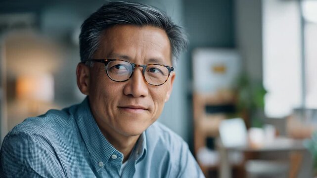 Thoughtful man in glasses gazing out of the window in a modern office setting