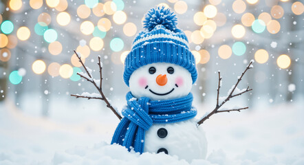 Obraz premium A cute snowman wearing a blue hat and scarf in a snowy winter scene. Cheerful character with festive bokeh lights for a Christmas holiday background
