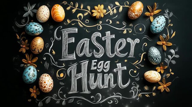 A festive Easter Egg Hunt chalk sign with decorated eggs. Holiday tradition, family fun. A charming, playful blackboard design. Ideal for event invites, school ads, and seasonal marketing