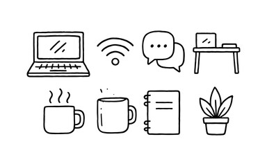 Home office essentials: hand drawn icons for remote work and coffee lovers