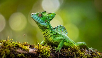 Naklejka premium Green basilisk lizard perched on a mossy branch, with bright green blurred background