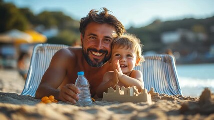 A perfect summer day unfolds as a happy father and his adorable son smile together while building a sandcastle on the beach a heartwarming moment of family bonding and vacation memories