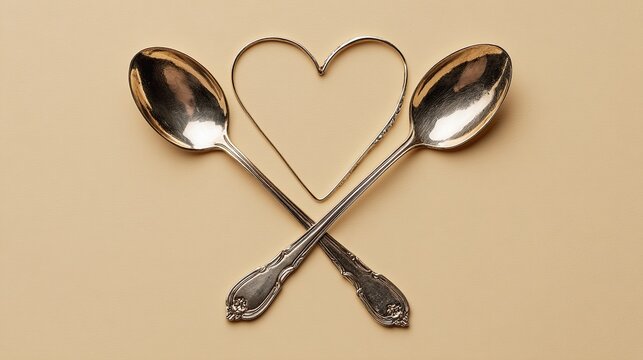 Two vintage silver spoons crossed with delicate metal heart symbol of love unity and romantic dining concept background