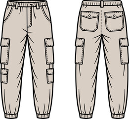 Cargo pants, front back view, fashion flat sketch, flap pockets, technical drawing, apparel design, vector illustration, garment CAD