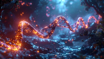 Glowing DNA helix floating amidst ethereal flora with sparkling orbs in a blue-lit forest