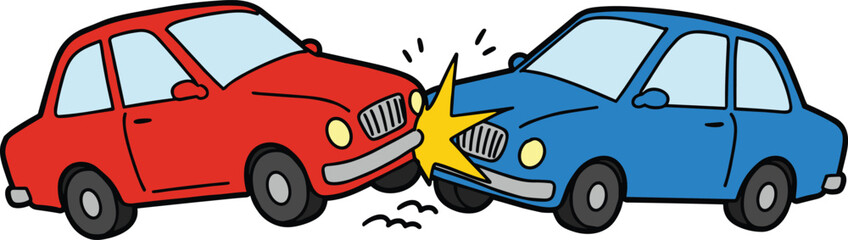 Cartoon car crash accident, red car colliding with blue car, traffic collision illustration with impact explosion, cad drawing flat vector illustration