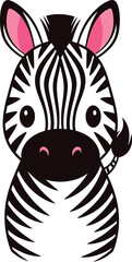 Cute cartoon zebra face with pink ears and black stripes peeking out from the side