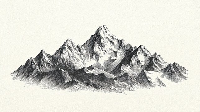 Engraving sketch of mountain landscape with detailed rocky peaks and ridges vintage natural scenery illustration