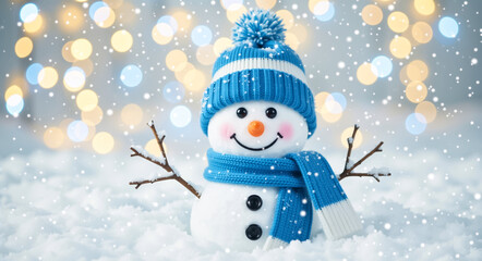 A cute smiling snowman in a blue knit hat and scarf stands in the snow. Festive winter scene with falling snowflakes and bokeh lights for a Christmas holiday background