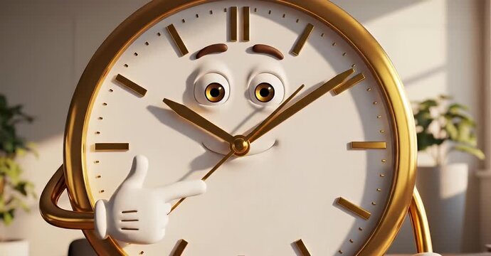 Animated clock with a face and hands pointing to the time.