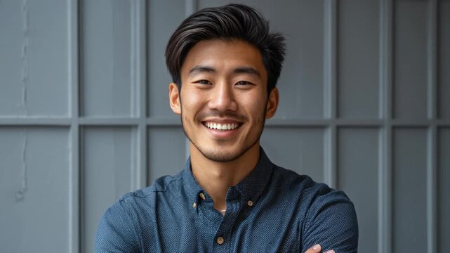 Smiling man in casual shirt against modern backdrop, perfect for lifestyle and business themes.
