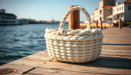 Woven basket resting on a wooden dock by the water in a serene seaside environment
