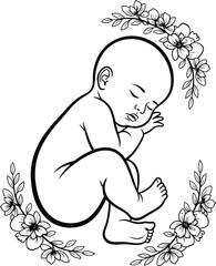 Delicate black and white line art illustration of a sleeping newborn baby cradled by floral elements