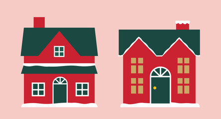 Red and green Christmas house clipart set.
winter Christmas house flat vector illustration.
Good for greeting card, poster, banner, leaflet.