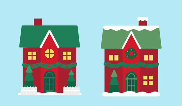 Red and green Christmas house clipart set.
Christmas house is decorated garland and Christmas trees.
Christmas house with lights on.
winter Christmas house flat vector illustration.