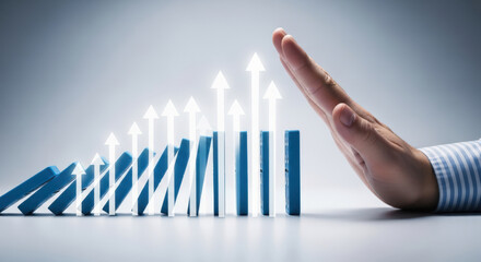 Hand Stopping Domino Effect with Upward Arrows.