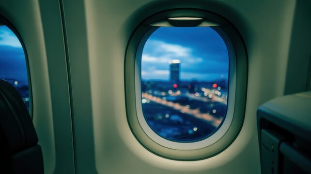 Airplane window view of city lights at dusk with tall building image - Powered by Adobe