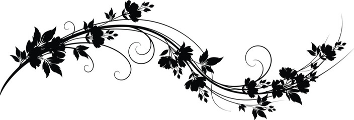 Elegant black silhouette of swirling vines with delicate flowers and leaves on a white background