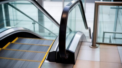 Close up of a modern escalator handrail and steps in a corporate building interior