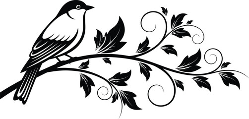 Elegant black silhouette of a small bird perched on a decorative branch with swirling leaves and vines