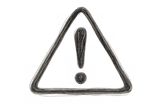 Hand-drawn grunge warning sign with exclamation mark on transparent background communicating danger and alert