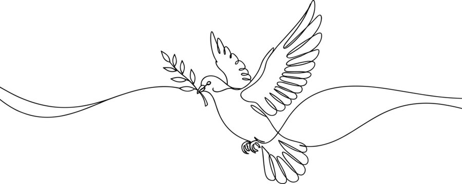 Continuous line art drawing of a flying dove gracefully holding an olive branch, embodying peace, hope, and freedom.