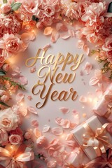 Happy New Year in Golden Calligraphy with Flowers, Gifts, and Festive Lights