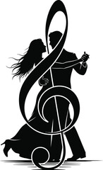 Elegant silhouette of a couple dancing embraced within a musical treble clef symbol